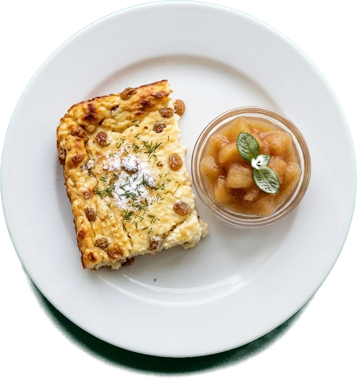 Творожная запеканка и компот из яблок