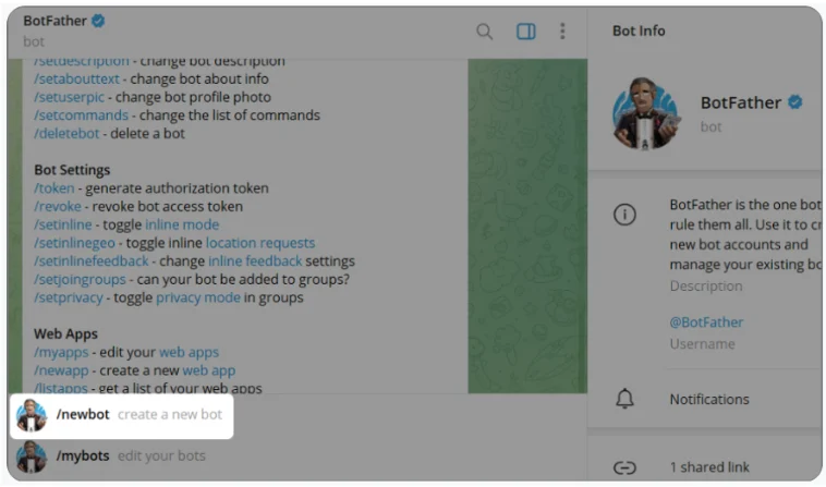 Команда /newbot для создания нового Telegram-бота