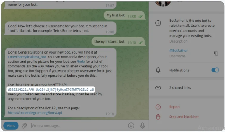 Токен бота в ответном сообщении от BotFather — его нужно скопировать