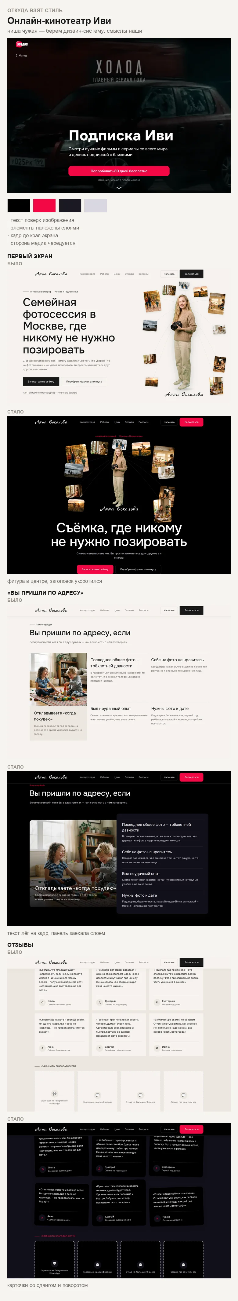 Источник стиля, снятые приёмы и три блока шаблона до и после