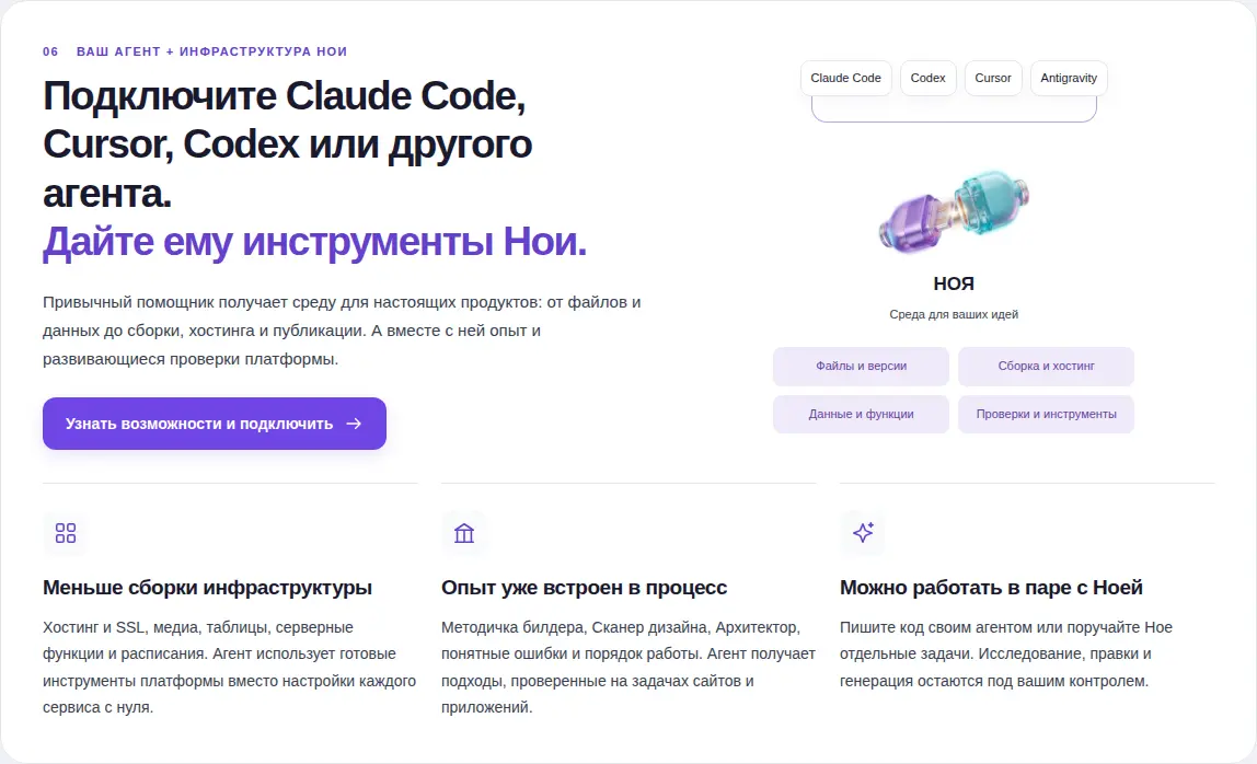 Раздел подключения собственного ИИ-агента к инструментам билдера Нои