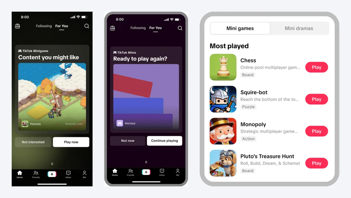 Три экрана TikTok Mini Games: карточка «Content you might like» в ленте For You, карточка «Ready to play again?» для вернувшегося игрока и список «Most played» в центре Minis