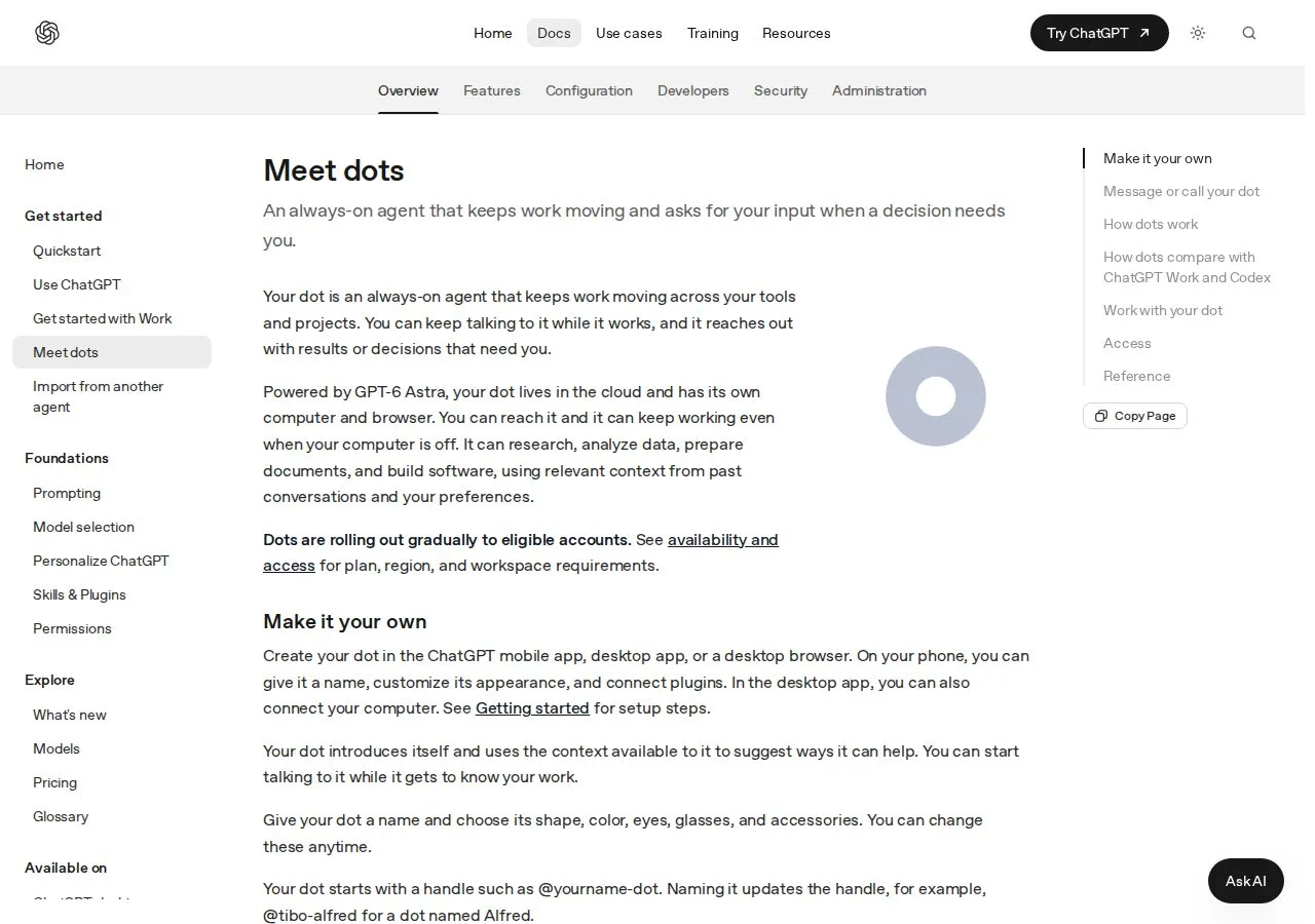 Официальная документация OpenAI Dots: страница знакомства с помощником, 22 октября 2026